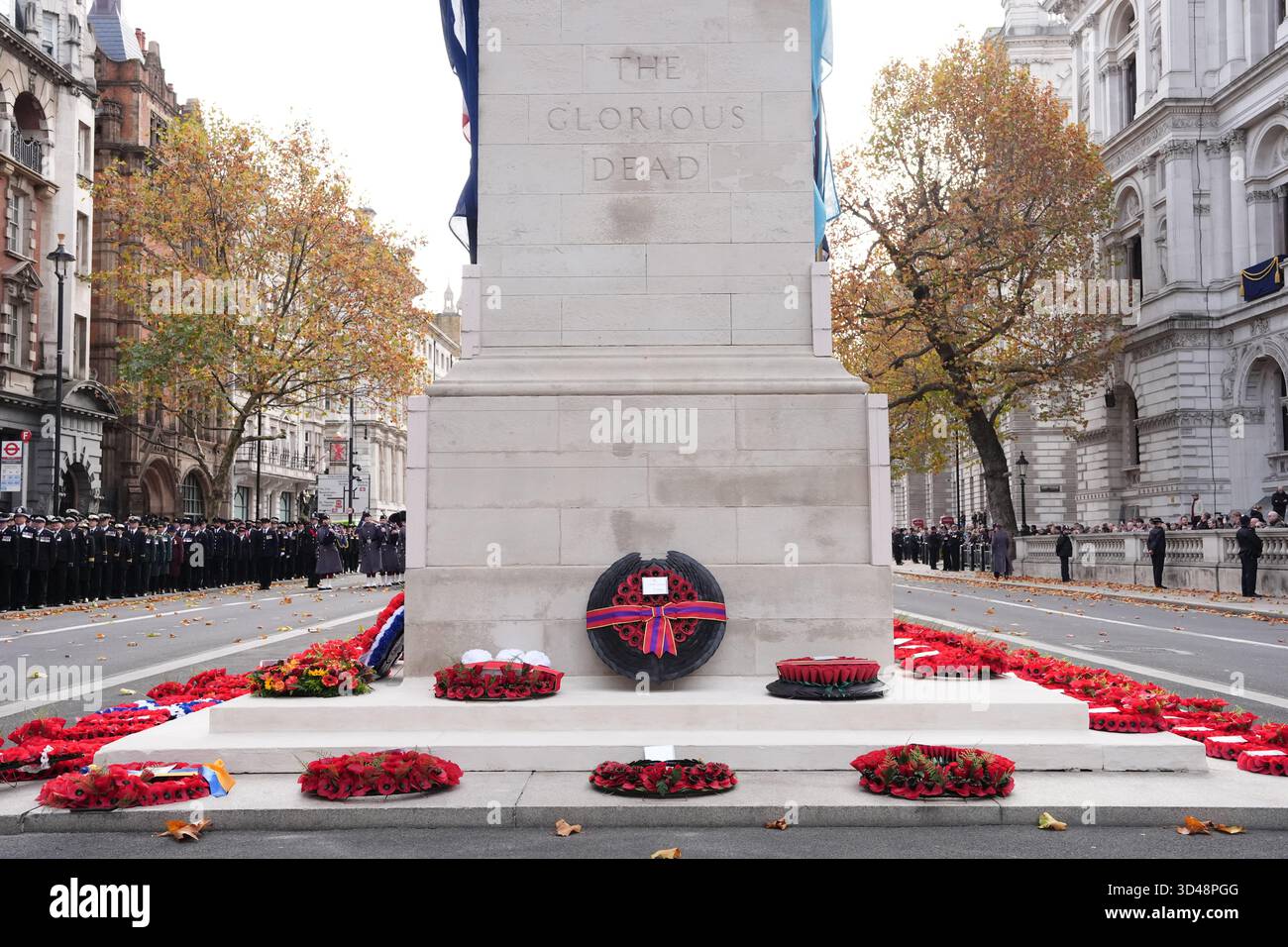 Wreaths left during the Remembrance Sunday service at the Cenotaph in ...