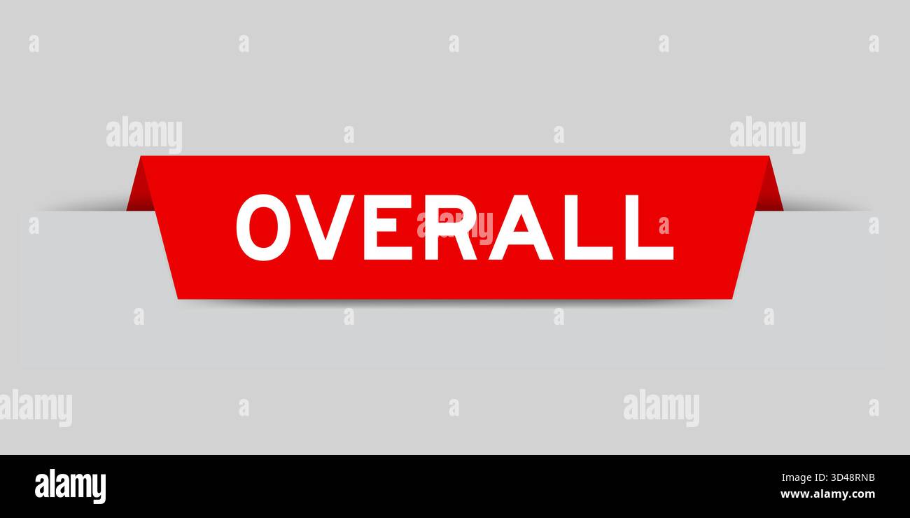Red color inserted label with word overall on gray background Stock Vector