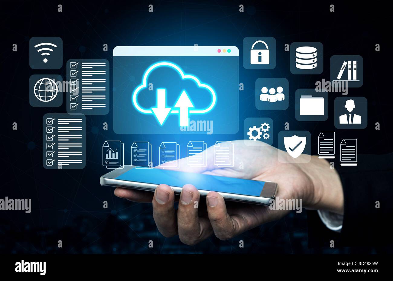 Cloud upload and download icon with surrounding data management, security, and analytics icons in digital interface Parse Stock Photo