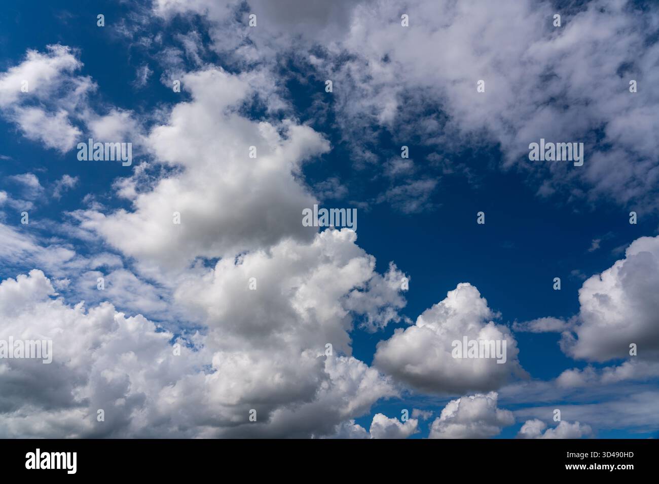 White cumulus clouds against a deep blue sky Stock Photo