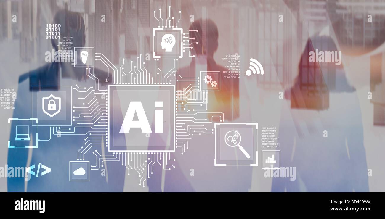 Abstract futuristic AI data processing and machine learning technology concept. Stock Photo