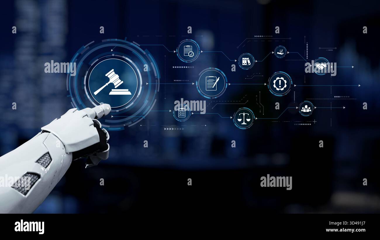 A futuristic robot arm interacts with digital legal icons in a modern ...
