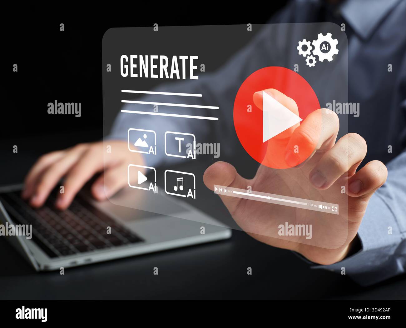 Human hand interacting with a futuristic interface for artificial intelligence generating video, image, text, and audio content Stock Photo