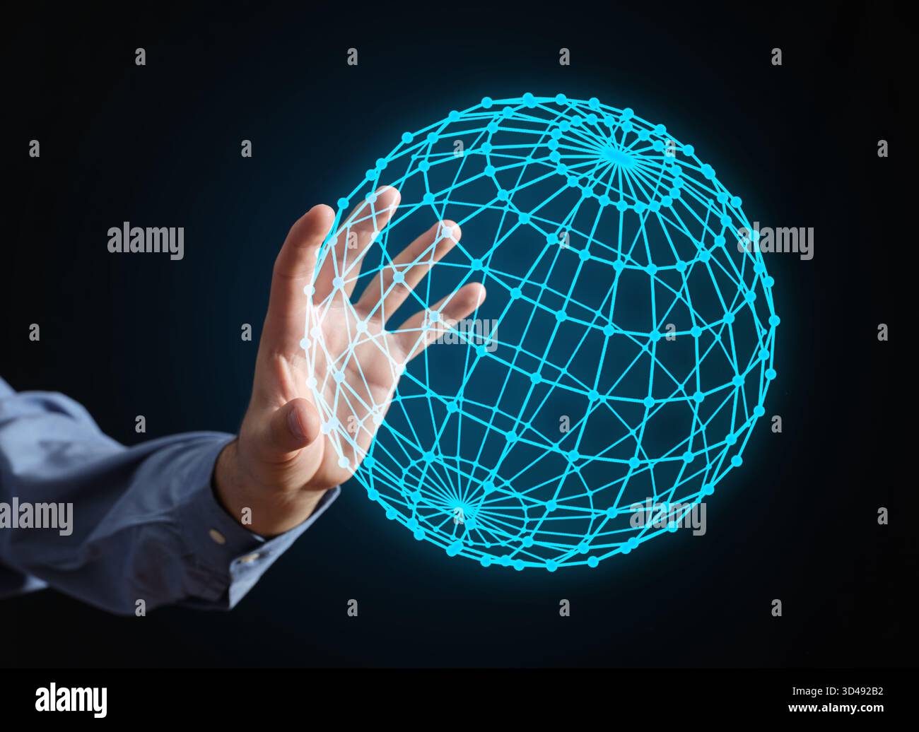Hand creating a digital global network sphere, representing future technology, business connection, and internet communication Stock Photo