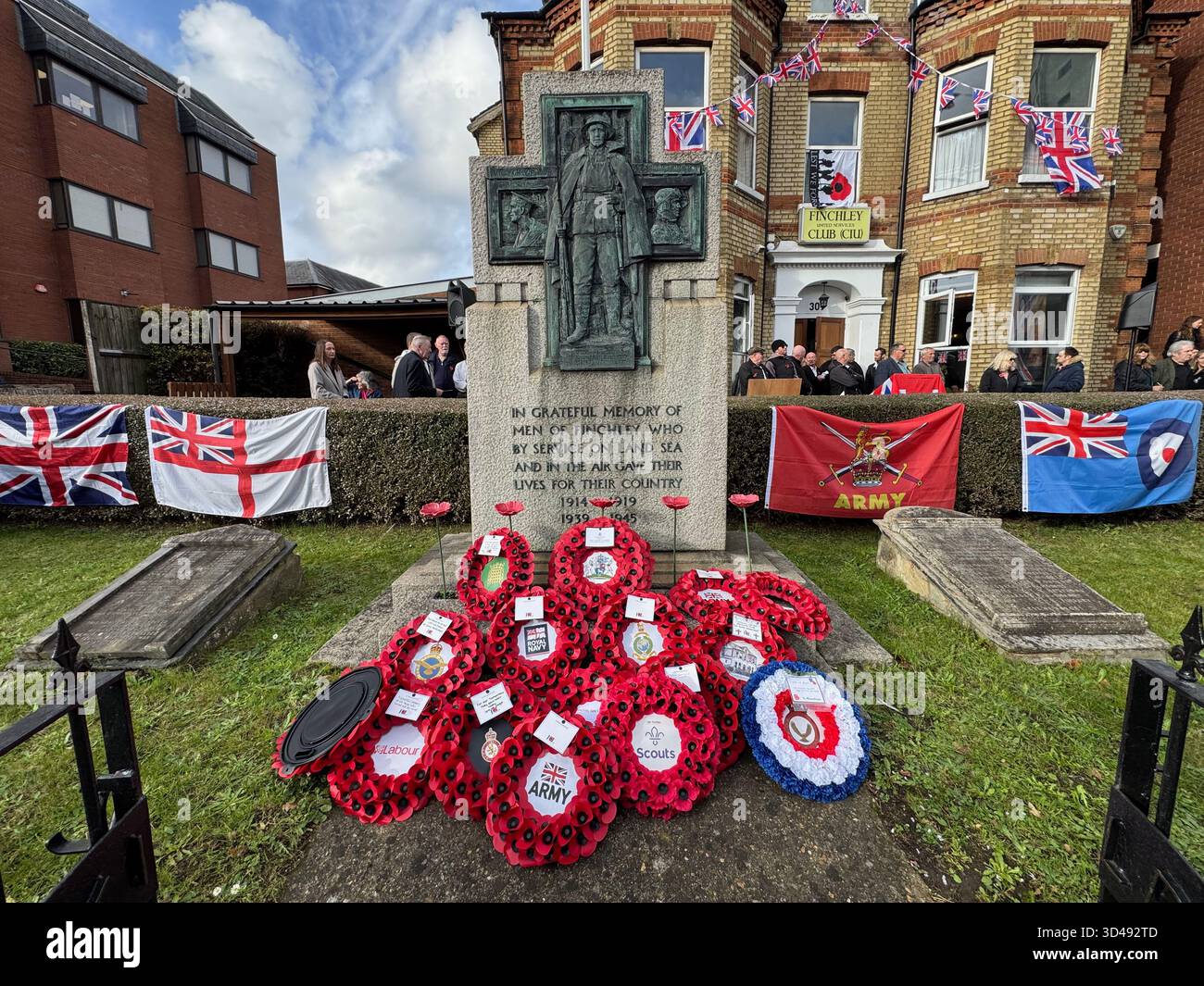 North Finchley War Memorial on Remembrance Sunday 2025 - Smartphone Captured Stock Image