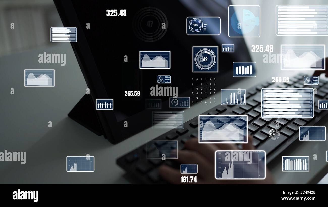 A modern workspace featuring a computer screen displaying various digital analytics, data visualizations, and graphs, illustrating contemporary Stock Photo