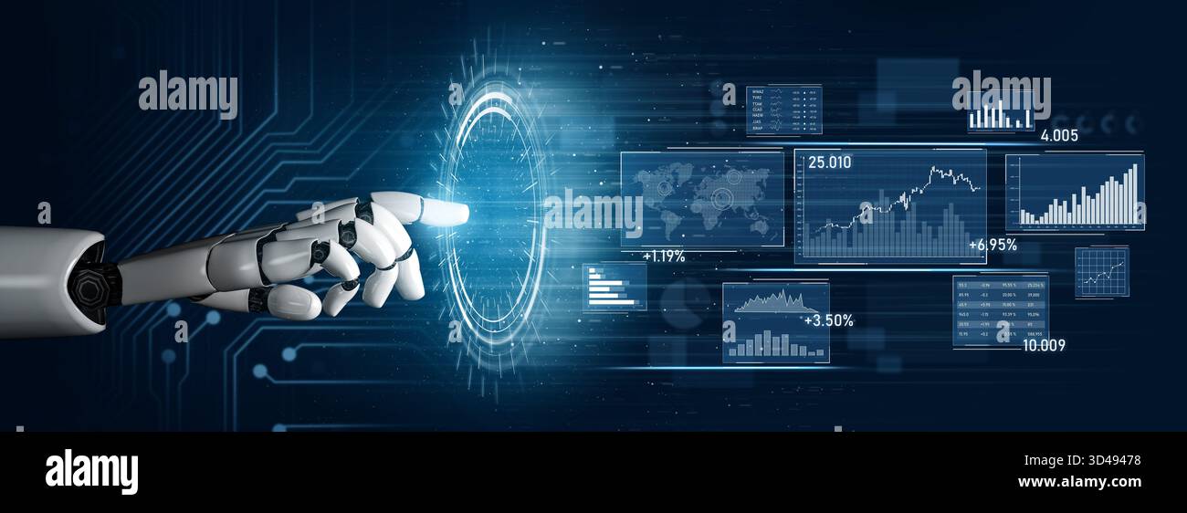 A robotic hand interacts with a glowing interface displaying graphs and data, symbolizing the advanced technology in data analysis and innovation Stock Photo