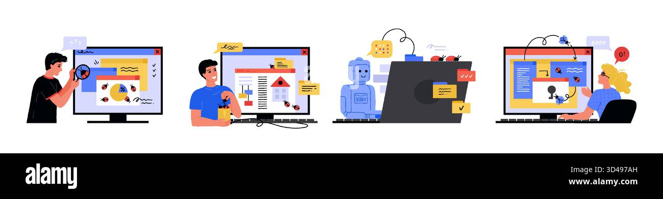 Software bugs. QA people tester. Web search report in digital programmer system. Digital process analyze. Artificial intelligence robot at computer. Malware analysis. Website test. Vector concepts set Stock Vector