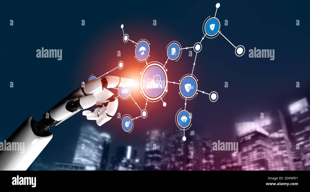 A robotic hand engaging with a digital network showcasing data metrics ...