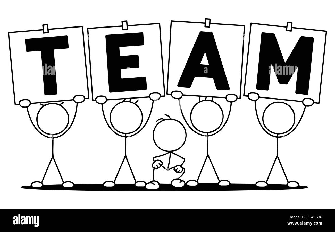 team lettering illustration, group holding signs, teamwork concept ...