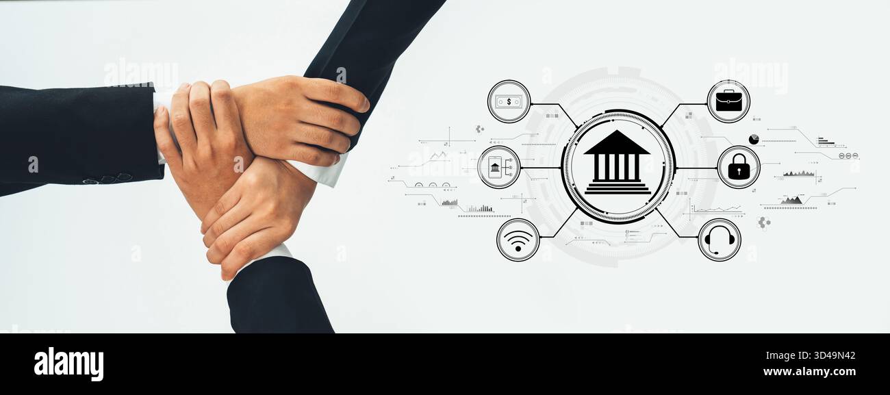 Hands join together to symbolize collaboration in the finance sector ...