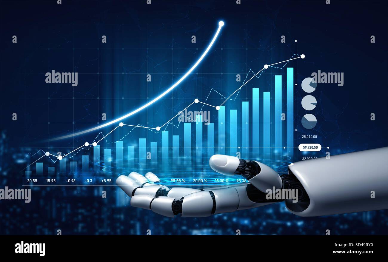A futuristic robotic hand showcases dynamic data visualization with ...