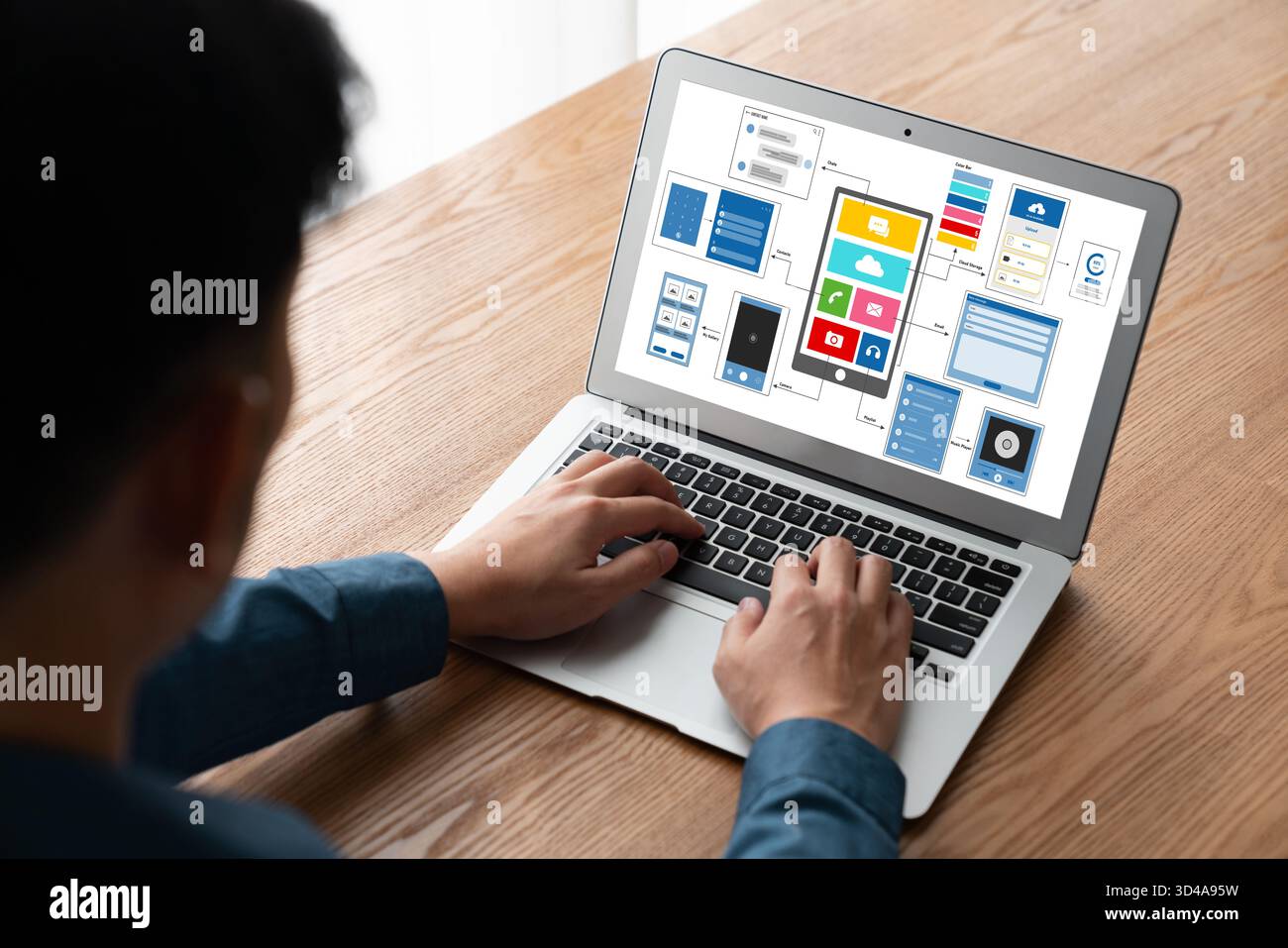 UX UI design process for modish mobile application and website . Creative prototype of wireframe for professional app developer . Stock Photo
