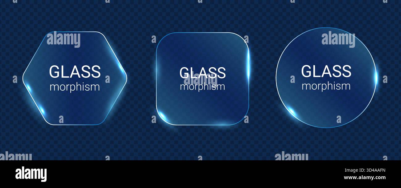 Glassmorphism shapes set with neon glowing effect Stock Vector