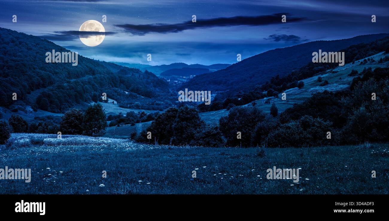 panoramic rural landscape with village in mountains at night. beautiful countryside behind the agricultural field on hillside in full moon light. back Stock Photo