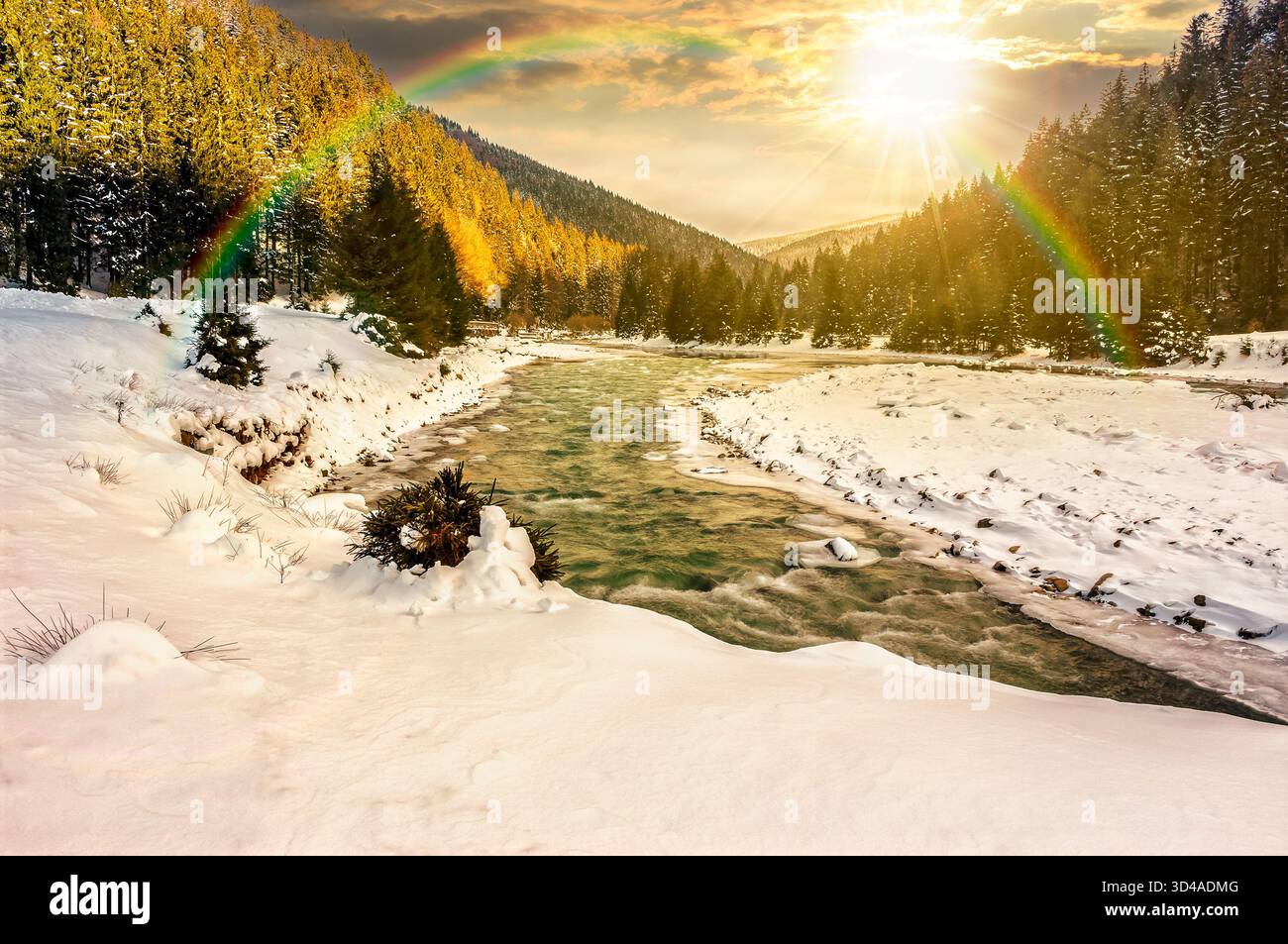 frozen mountain river among spruce forest at sunset. snow on the ground in evening light. countryside valley in winter. storytelling image under the r Stock Photo