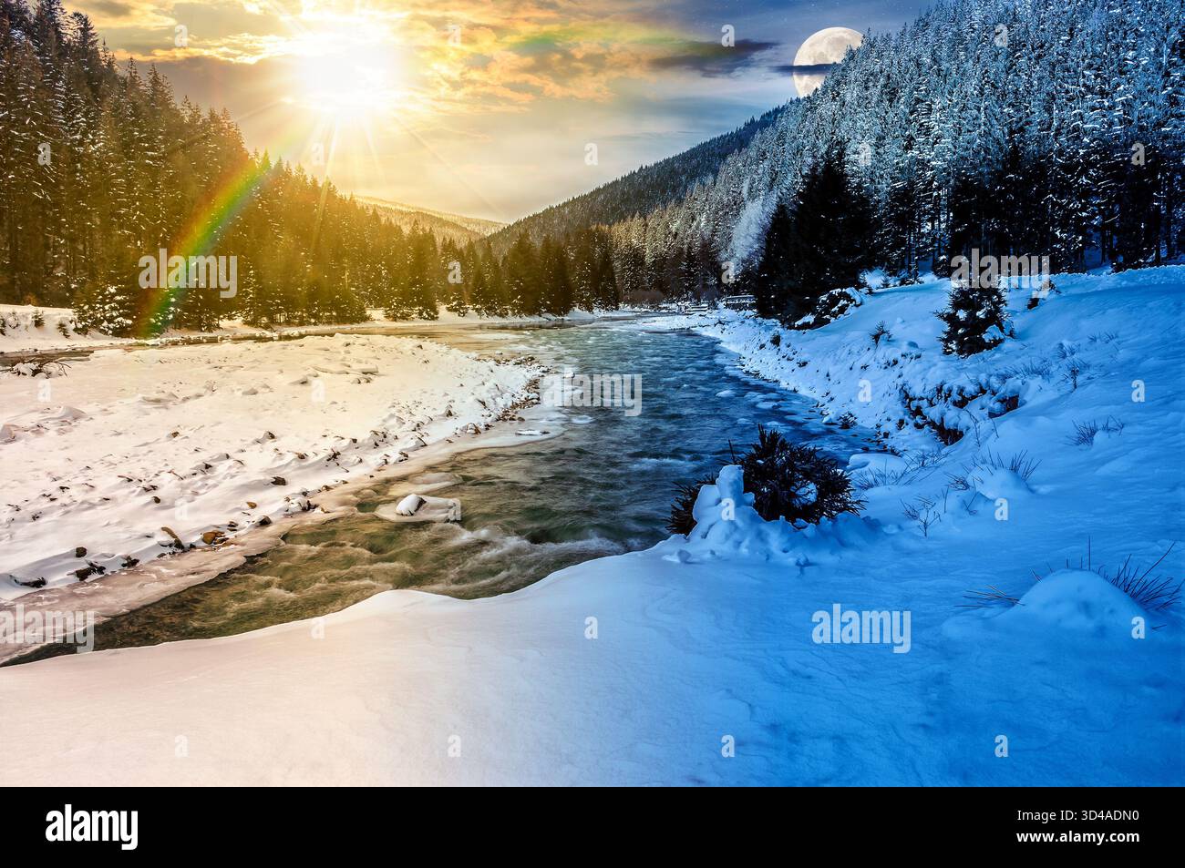 frozen mountain river among spruce forest. day and night time change concept. snow on the ground with sun and moon at twilight. countryside valley in Stock Photo