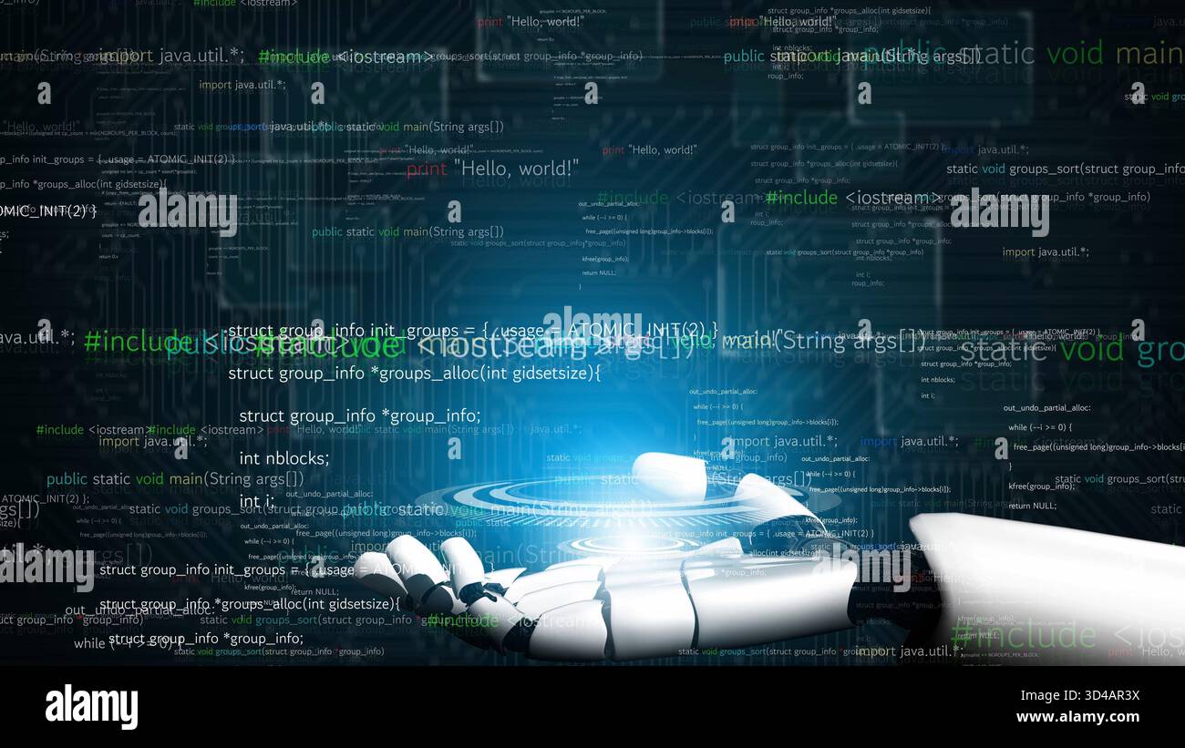 A captivating image of a robotic hand interacting with a holographic interface filled with programming code, representing advancements in artificial Stock Photo