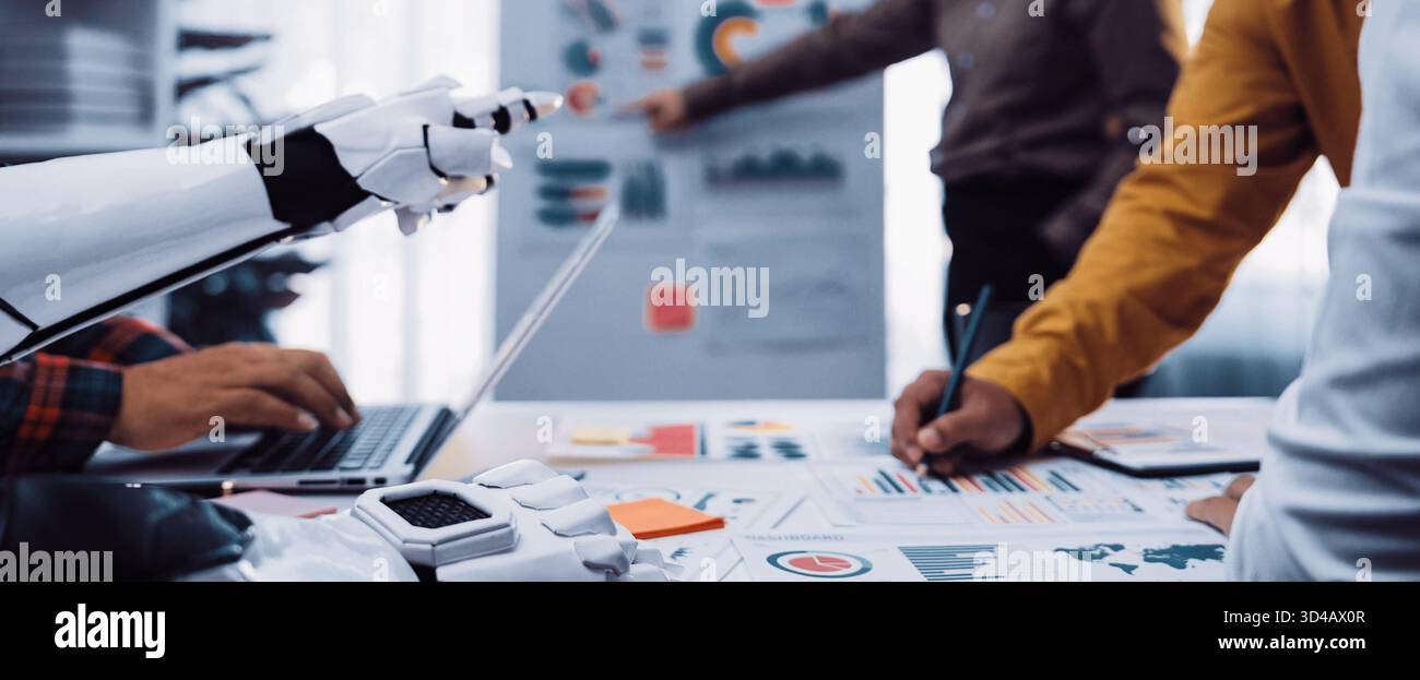 Business professionals integrating AI-powered insights into corporate strategy to refine planning, improve forecasting, and optimize workplace Stock Photo