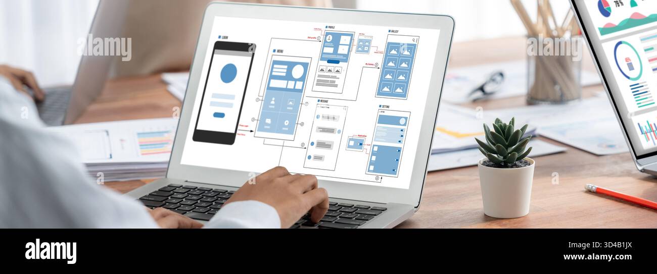 UX UI design process for brisk mobile application and website . Creative prototype of wireframe for professional app developer . Stock Photo