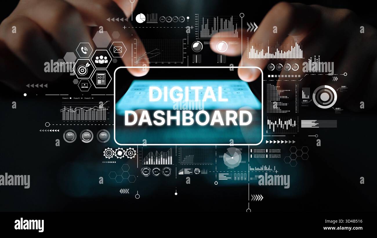 Hands Interacting with a Futuristic Digital Dashboard Displaying Data Analytics and Graphical Visualizations. Asymptotic smart data analytic. Stock Photo