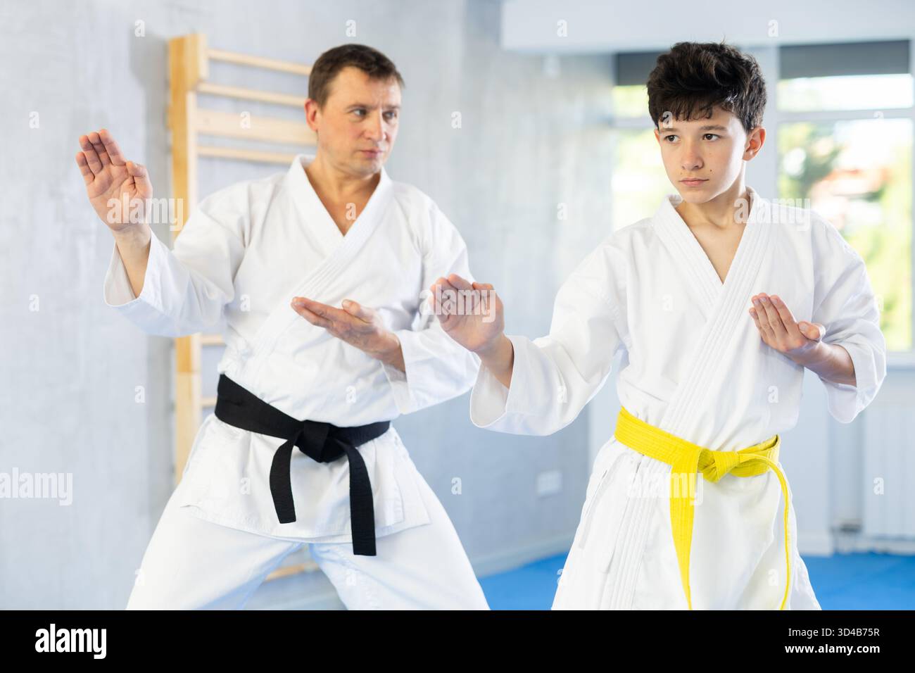 Teen boy and middle-aged man wearing kimono training karate techniques ...