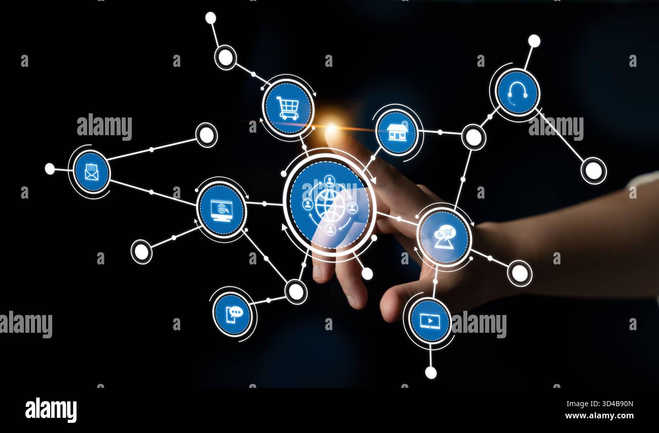 A hand reaching out to touch various digital icons symbolizes modern ...