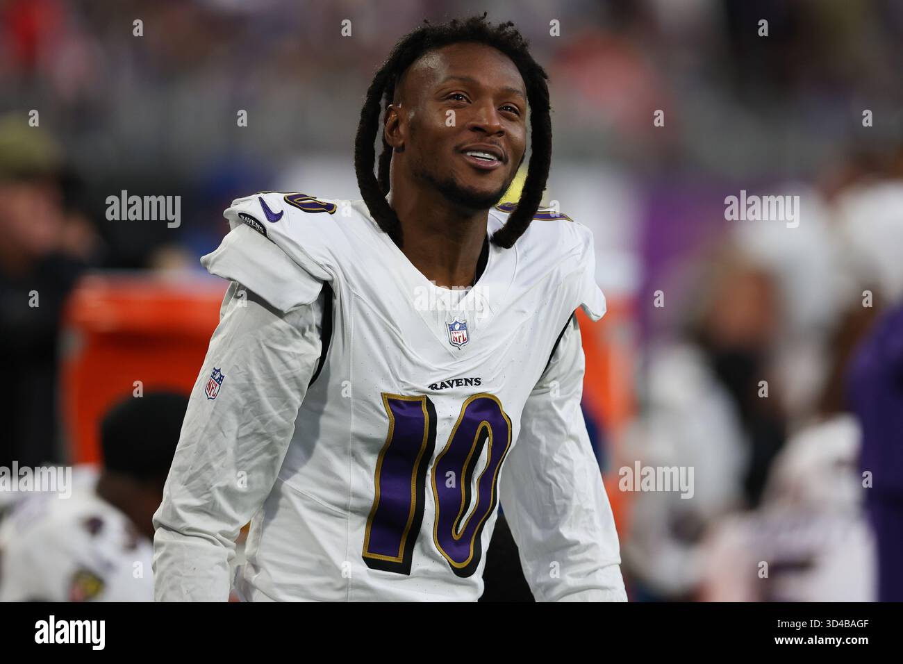 Baltimore Ravens wide receiver Deandre Hopkins (10) watches the game
