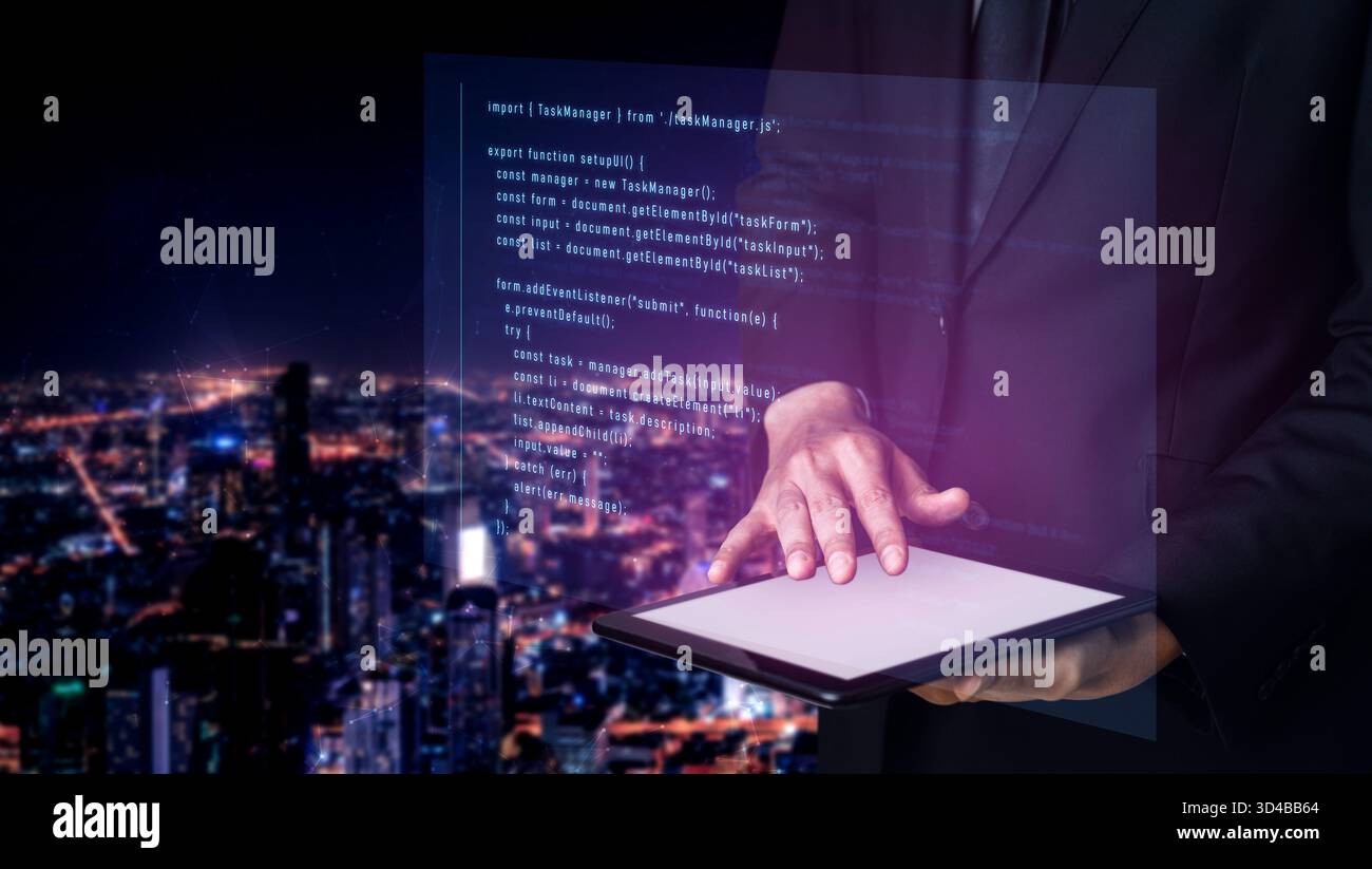 Script programming for task manager user interface, handling form submission, input validation, task list rendering, and exception alerts with dynamic Stock Photo