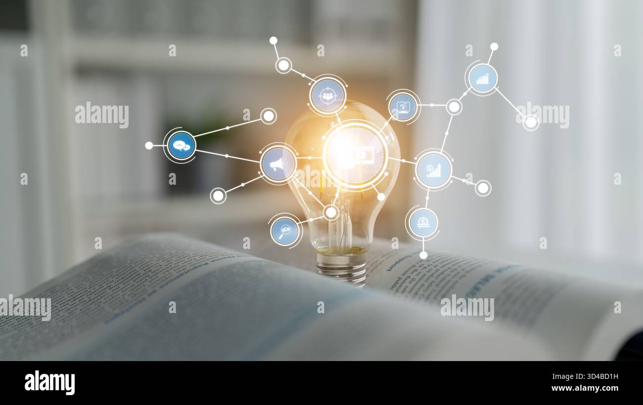 This image showcases a light bulb surrounded by digital icons ...
