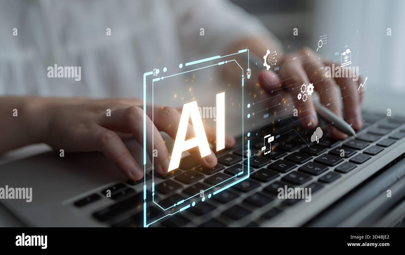 Concept of an enterprise Artificial Intelligence platform. The system integrates with various business processes like data analysis, cloud computing Stock Photo