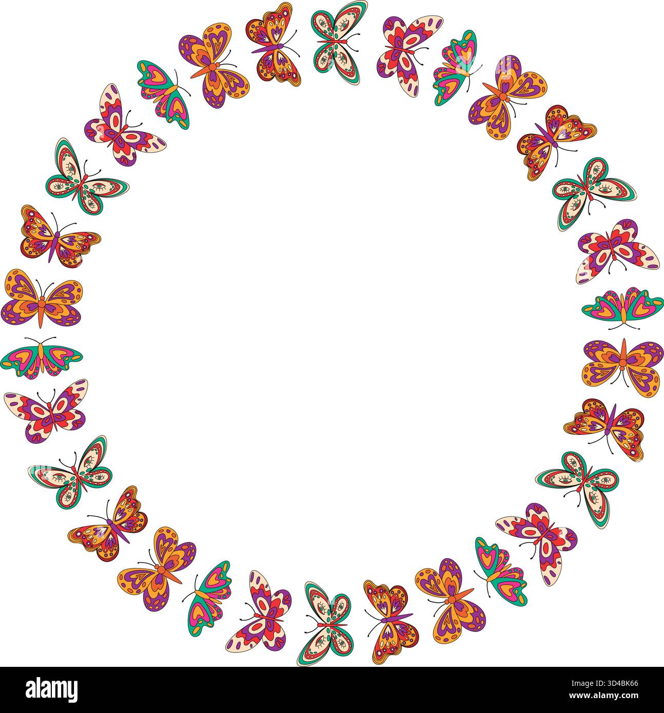 Groovy Retro Butterfly Circle Border Pattern Stock Vector
