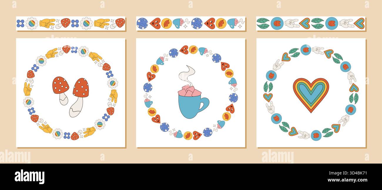 Groovy Retro Seamless Border Pattern Set Stock Vector