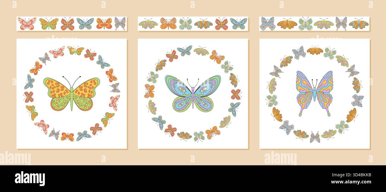 Groovy Retro Seamless Butterfly Border Set Stock Vector