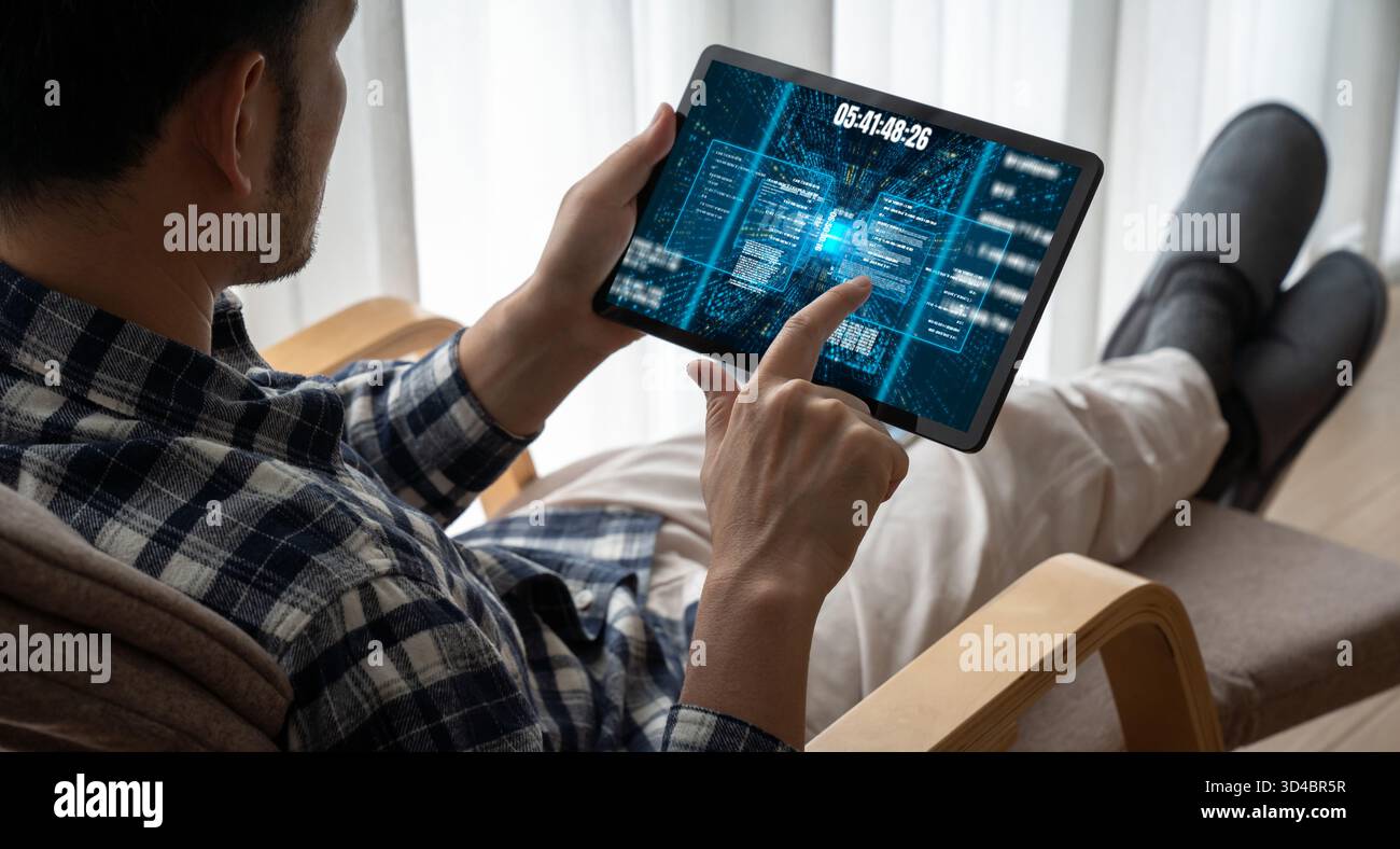 Software development or programming work with coding screen of various programming languages like HTML, , , and C brisk for new application Stock Photo