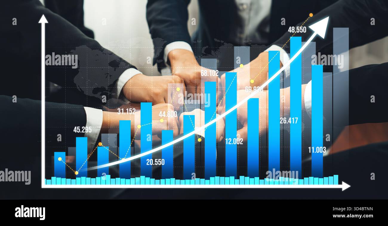 This image captures a dynamic scene of teamwork with hands coming together over an upward-trending financial chart, emphasizing collaboration and Stock Photo