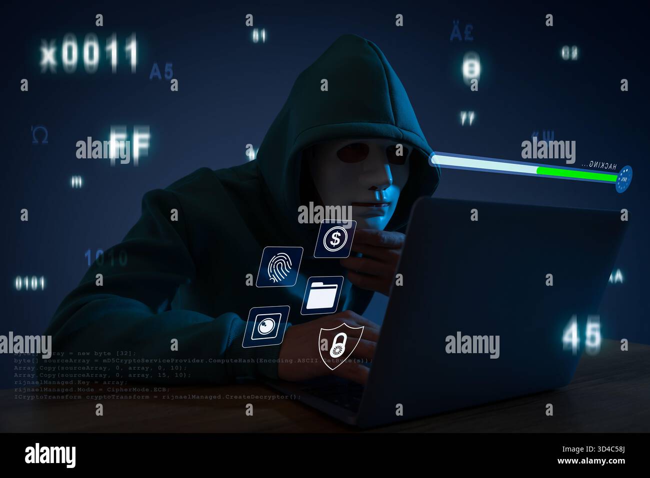 Cyber attack. Anonymous hacker in mask using laptop at table. Different icons on virtual screen Stock Photo