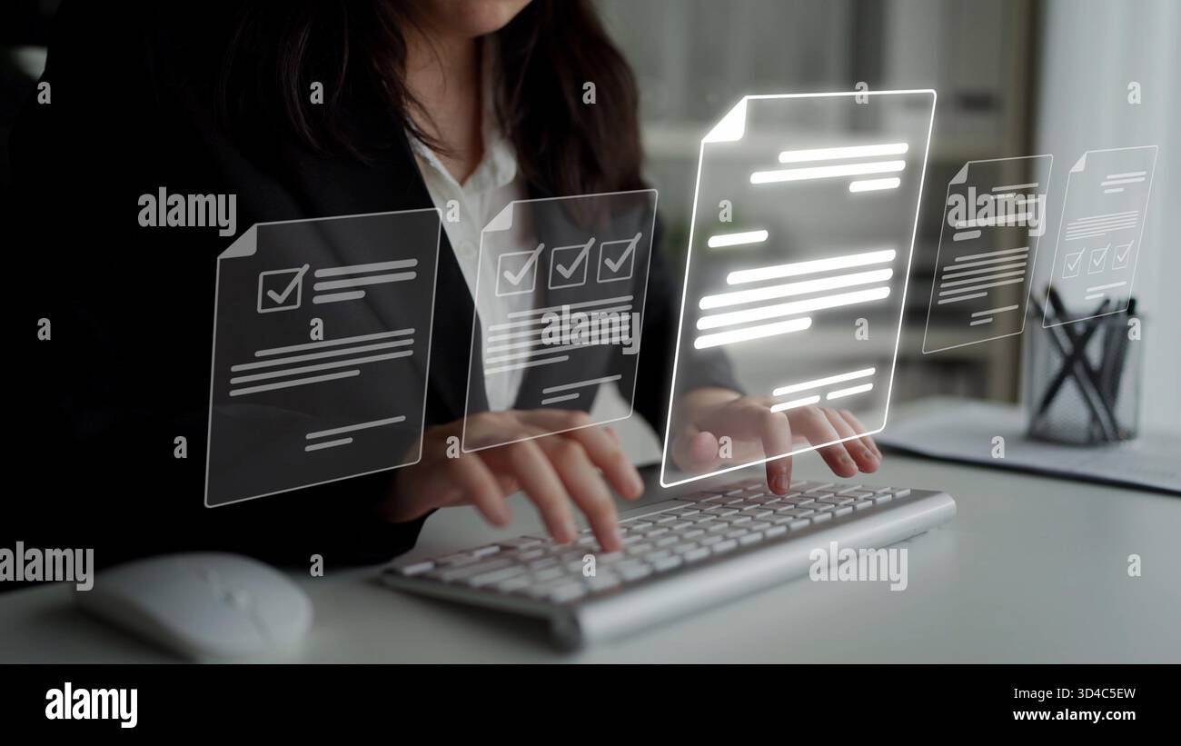 Online document management, cloud-based document access, secure digital file storage, paperless document workflow, and online document sharing for Stock Photo