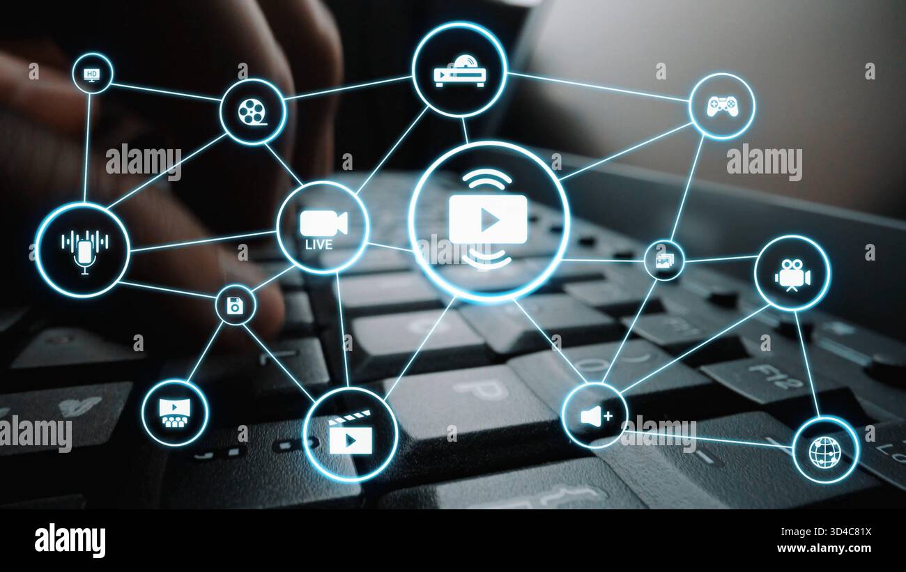 Multimedia technology with video, audio, photo and streaming icons ...