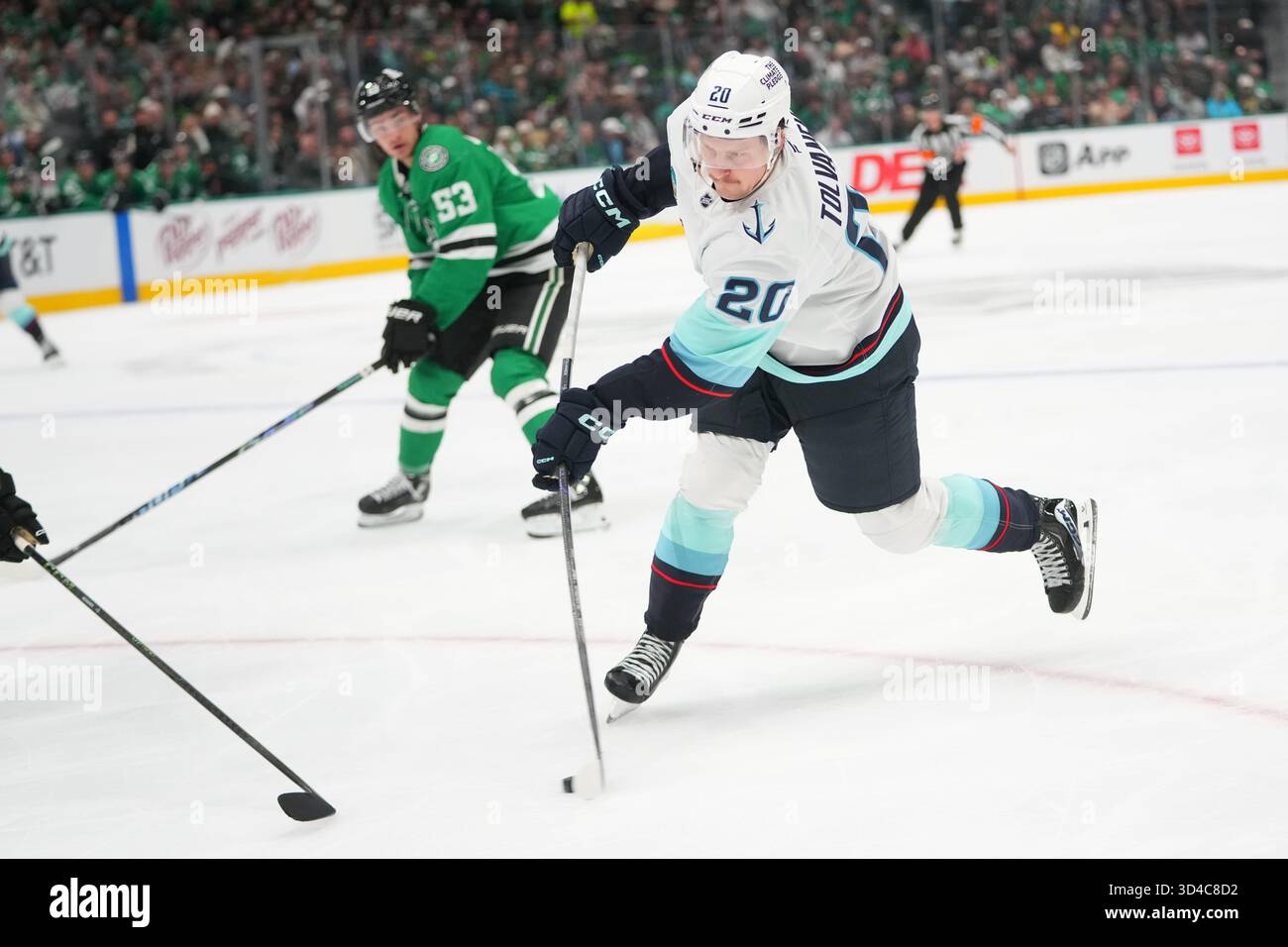 Seattle Kraken right wing Eeli Tolvanen shoots against the Dallas Stars ...