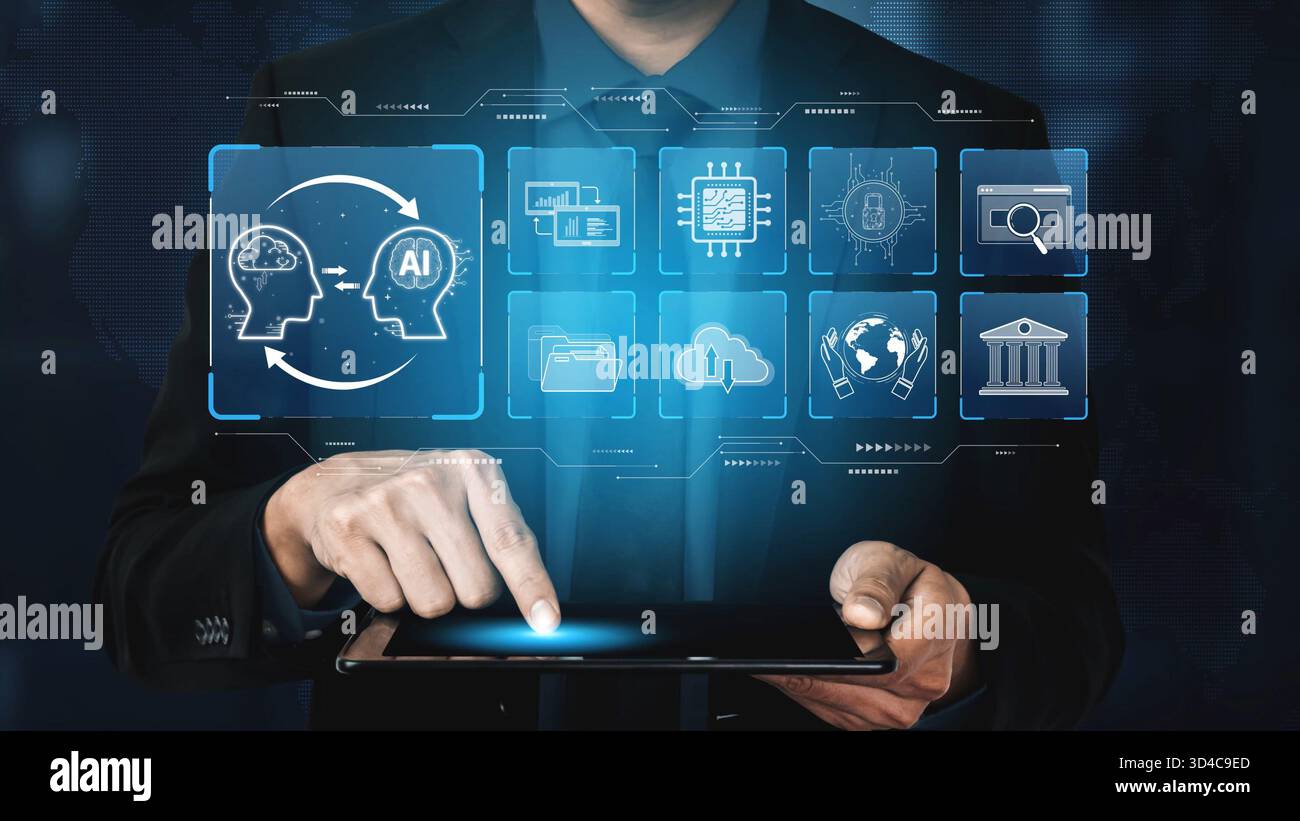 AI system integration improves artificial intelligence platform. AI system integration enhances automation, secures data, supports cloud, and AI Stock Photo