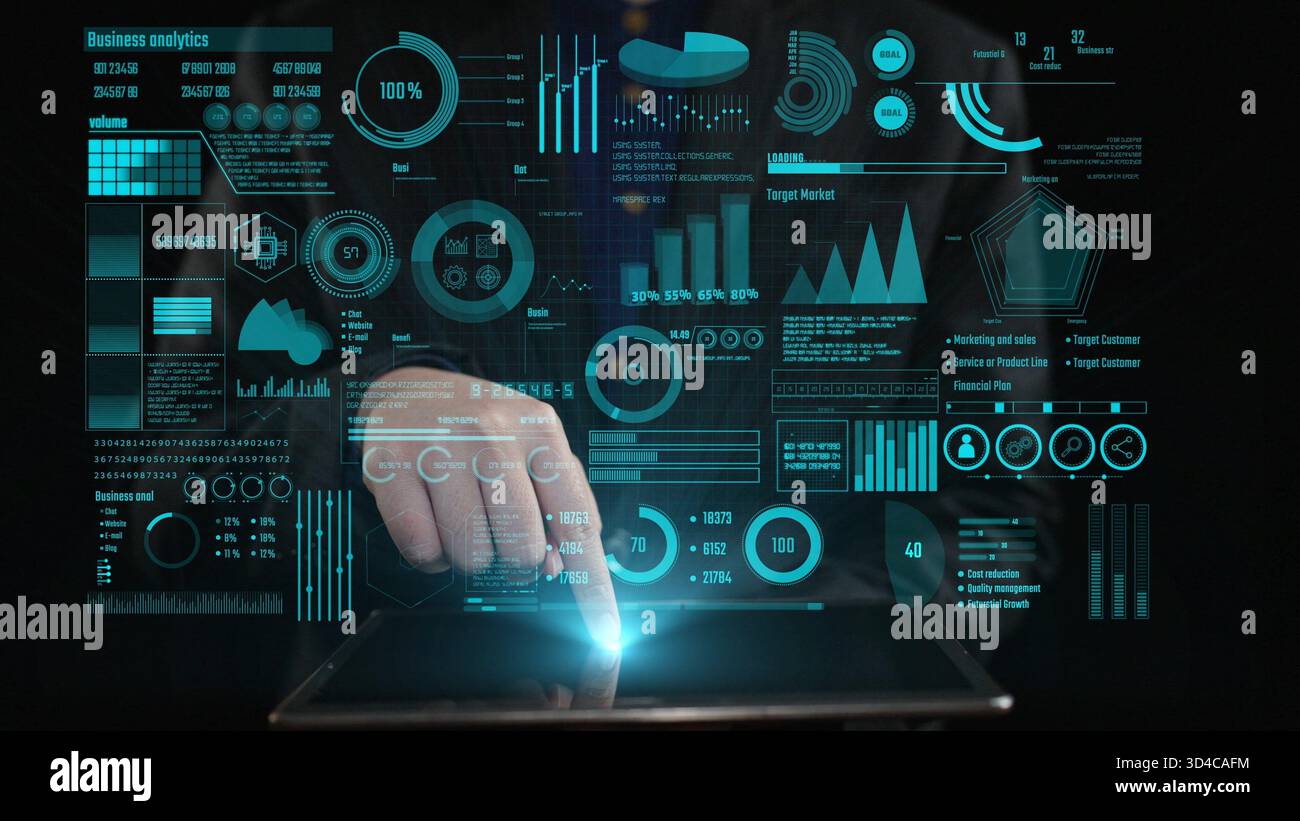 Explore a cutting-edge business analytics scene, showcasing interactive data visualizations and graphs designed for strategic decision-making and Stock Photo