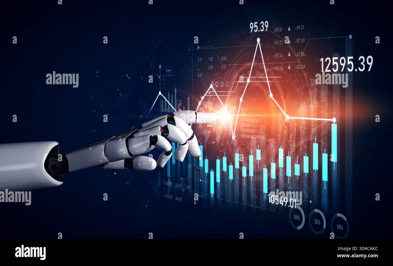 A robotic hand interacts with vibrant digital financial data, showcasing stock market trends, innovative technology, and the future of economic Stock Photo