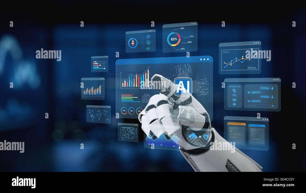 A robotic hand interacts with an advanced AI interface featuring dynamic data visualizations. The image showcases innovation in technology and Stock Photo