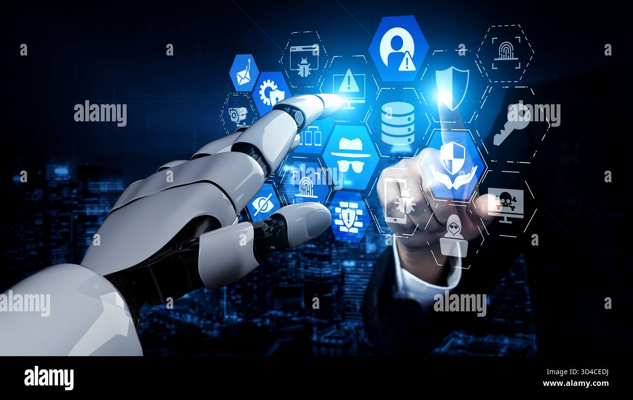 Artificial intelligence protects cybersecurity systems, detecting cyber attacks, blocking malware, and securing networks with smart defense technology Stock Photo