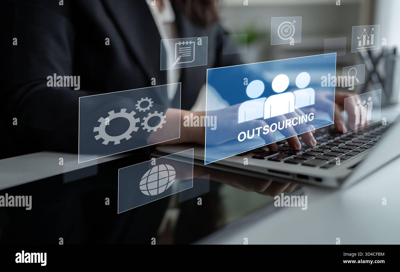 Outsourcing concept showing collaboration, delegation, global workforce, productivity, and task management through remote teams and external service Stock Photo