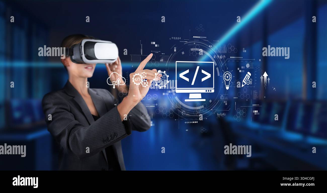A professional engaged in coding through virtual reality in a modern ...