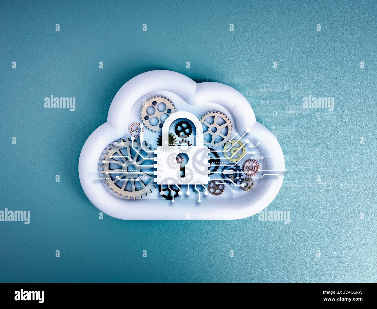 Cloud technology and cybersecurity concept with digital lock icon and mechanical gears inside cloud shape on blue background, representing data protec Stock Photo