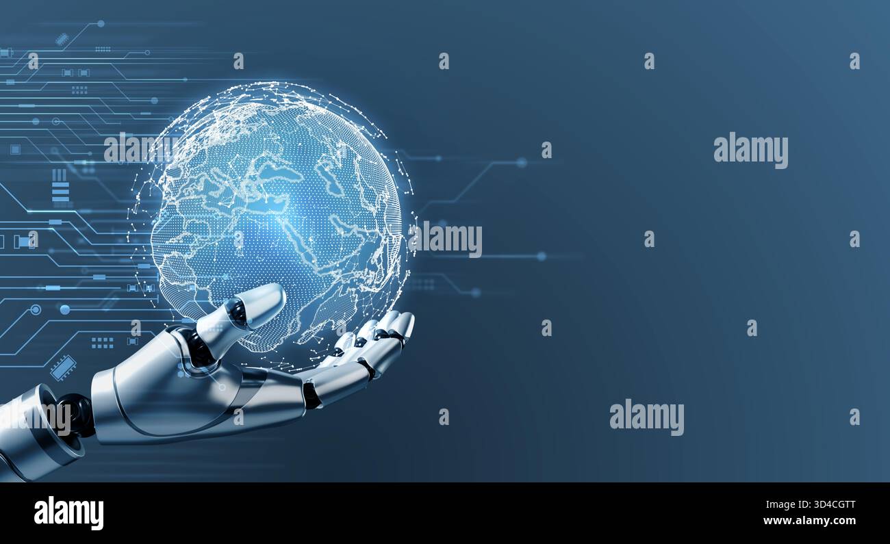 Futuristic technology concept with robotic hand hold digital world globe and circuit pattern, symbolizing AI, robotics, global data, digital transform Stock Photo