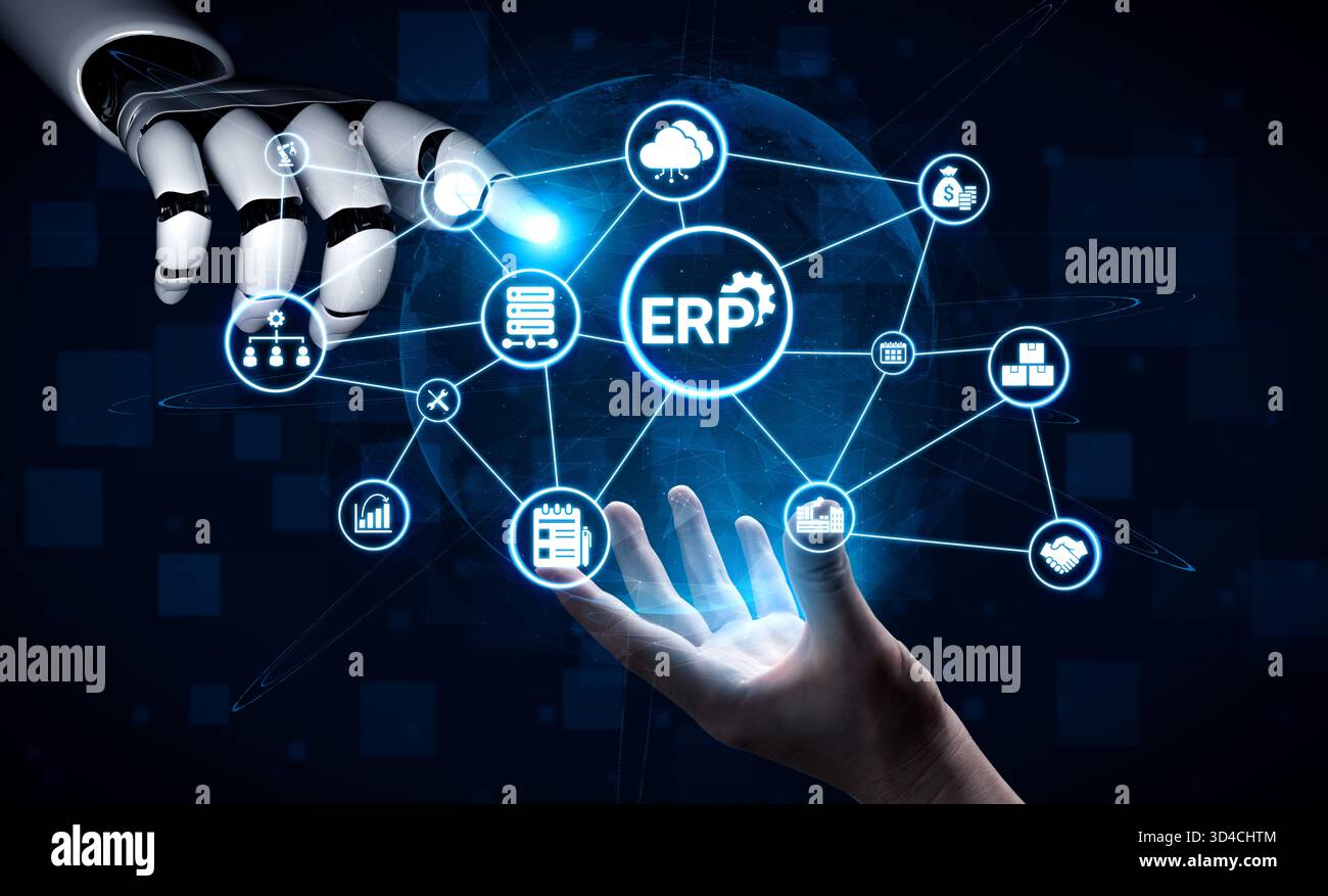 Artificial intelligence enhances ERP systems, optimizing processes, integrating business data, and supporting smart decision-making across Stock Photo